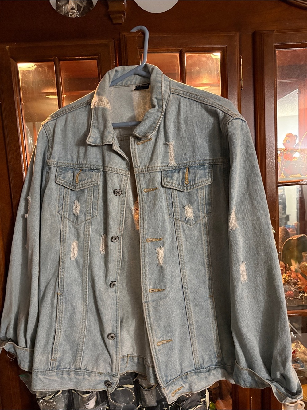 Light Blue Distressed Women's Denim Jacket - Oversized Jean Coat
